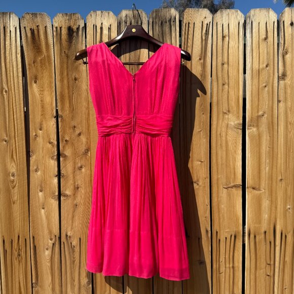 Vintage 60s Dress Fit Flare Chiffon Hot Pink Fuchsia Sleeveless V Neck Size M/L - Picture 8 of 12